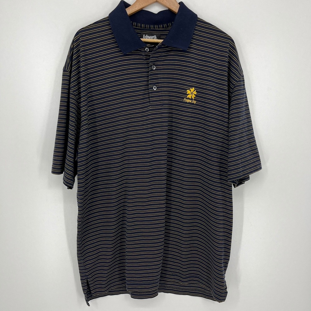 Ashworth Mens XXL Navy Blue Gold Striped Poipu Bay Golf Polo Shirt